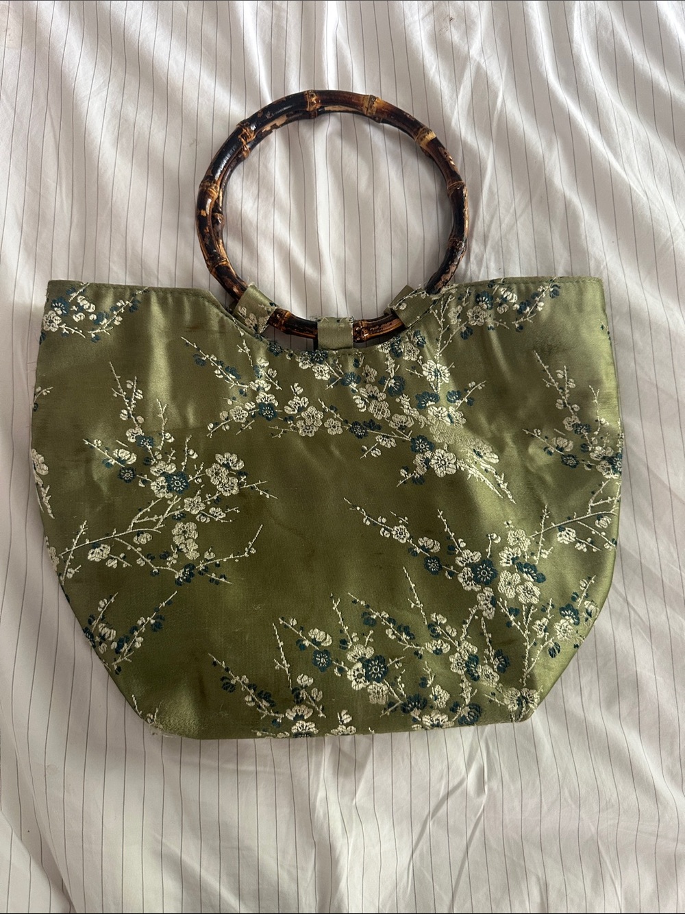 Floral Oriental Style Green Tote Bag with Bamboo Handles